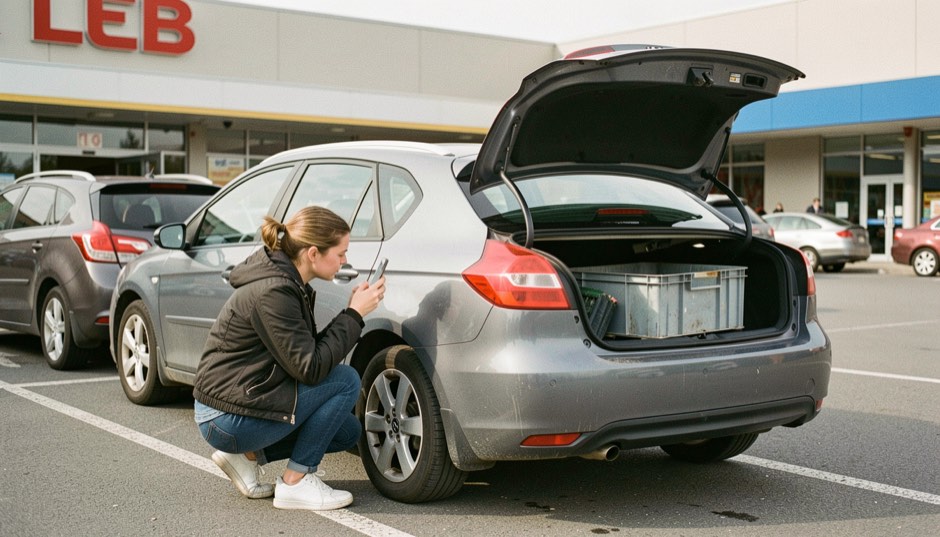 Une éleveuse accroupie derrière sa voiture familiale sur un parking de supermarché, en plein jour, photographie avec son téléphone une petite bosse du pare-chocs arrière, hayon ouvert sur une caisse de transport vide