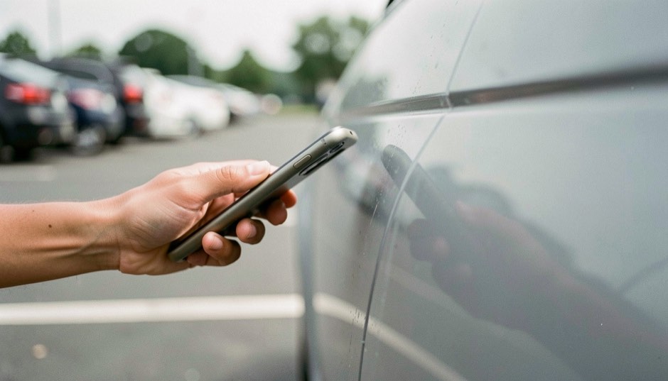 Gros plan sur la main d’une femme qui incline un téléphone pour photographier de biais une rayure sur une portière grise, lumière du jour douce, parking en arrière-plan flou